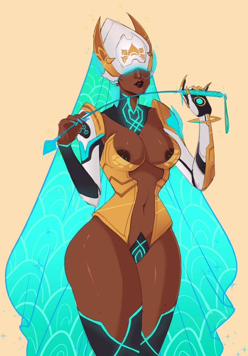 1girls 2d alternate_costume costume dark-skinned_female dark_skin female helmet milkcubus nipple_piercing oasis_symmetra overwatch piercing solo symmetra tagme whip