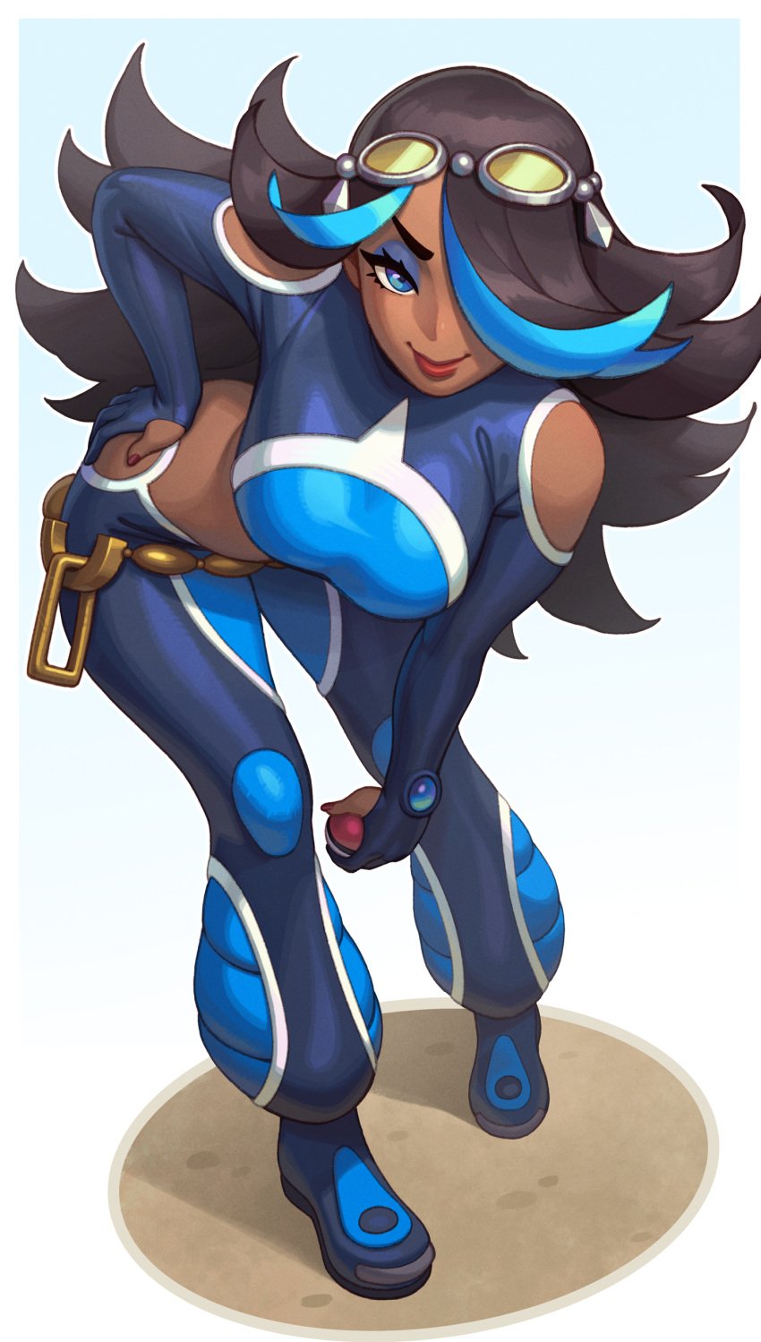 1girls bent_over black_hair blue_eyes blue_highlights dark-skinned_female dark_skin eyeshadow female female_only full_body goggles_on_head hand_on_hip hi_res long_hair looking_at_viewer nail_polish nintendo pokemon pokemon_oras red_lipstick red_nails rizdraws shelly_(pokemon) smiling smiling_at_viewer solo team_aqua