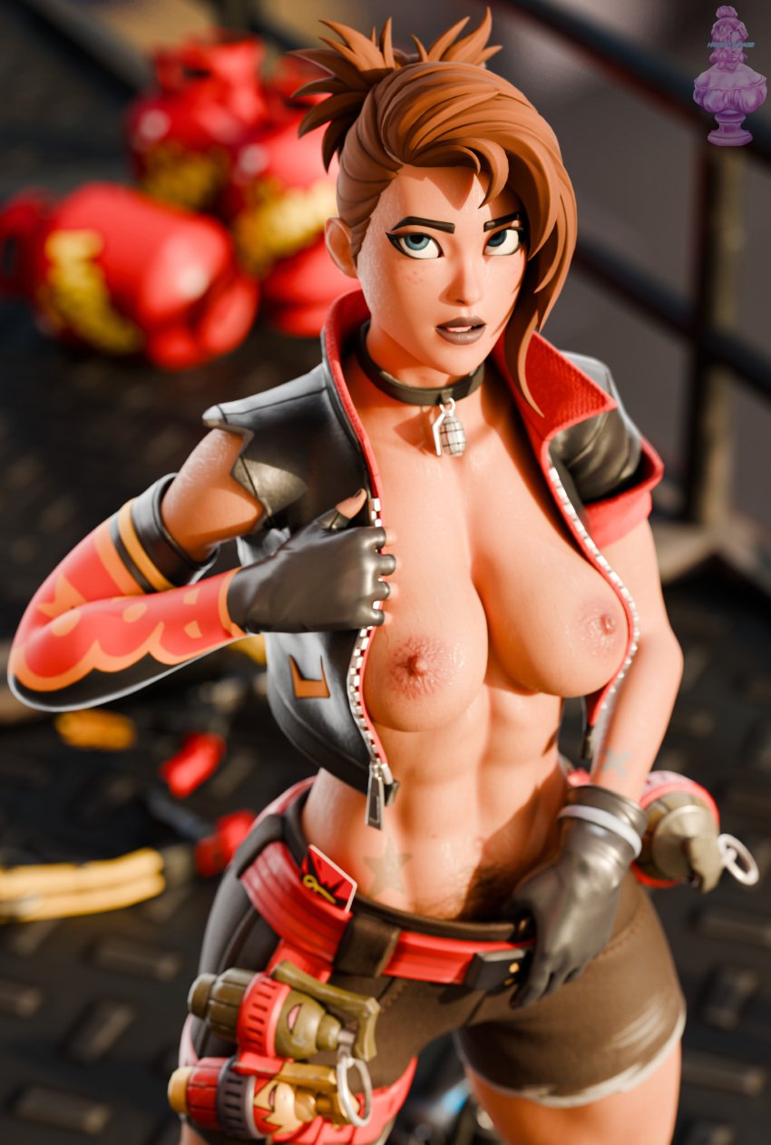 3d abs athletic_female blender choker dynamo_tntina_(fortnite) fortnite freckles haziest_mirage jacket_open looking_at_viewer medium_breasts muscular_female pubic_hair pulling_down_pants pulling_shirt tntina topless undressing