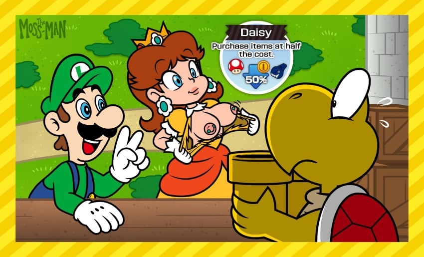 1girls 2boys anthro blue_eyes blue_overalls breasts breasts_out brown_hair clothing crown facial_hair female gloves grass green_hat green_shirt human koopa koopa_troopa lipstick luigi male mario_(series) mario_party moustache nintendo nipple_piercing nipples open_mouth outdoors princess princess_daisy reptile royalty scalie shell showing_breasts super_mario_party_jamboree the_moss-man turtle white_gloves