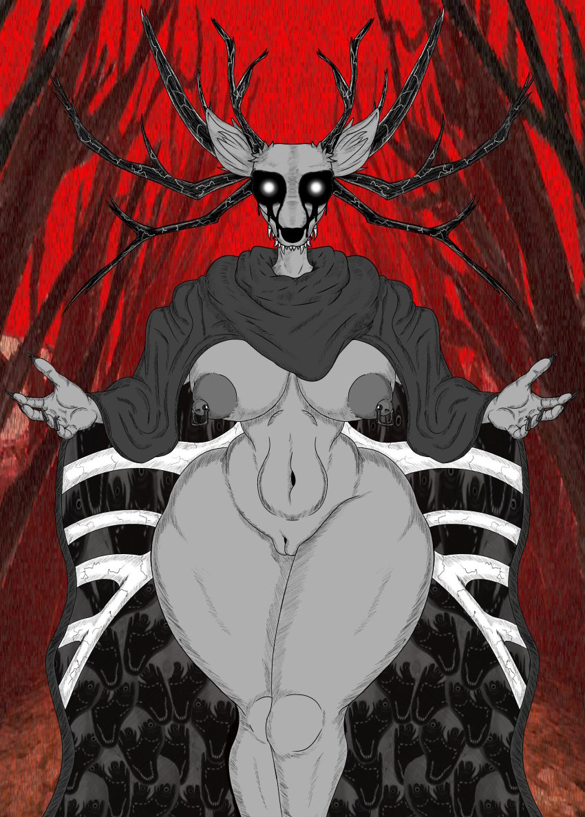 2024 5_fingers absurd_res american_mythology anthro antlers axelkirby big_breasts bone breasts clothing deer detailed_background digital_drawing_(artwork) digital_media_(artwork) erect_nipples female fingers fur genitals grey_nipples hi_res horn indigenous_north_american_mythology looking_at_viewer mammal mature_female monster mythology nipple_piercing nipples north_american_mythology piercing pussy solo specimen_8 spooky's_jump_scare_mansion thick_thighs tunica wendigo wide_hips