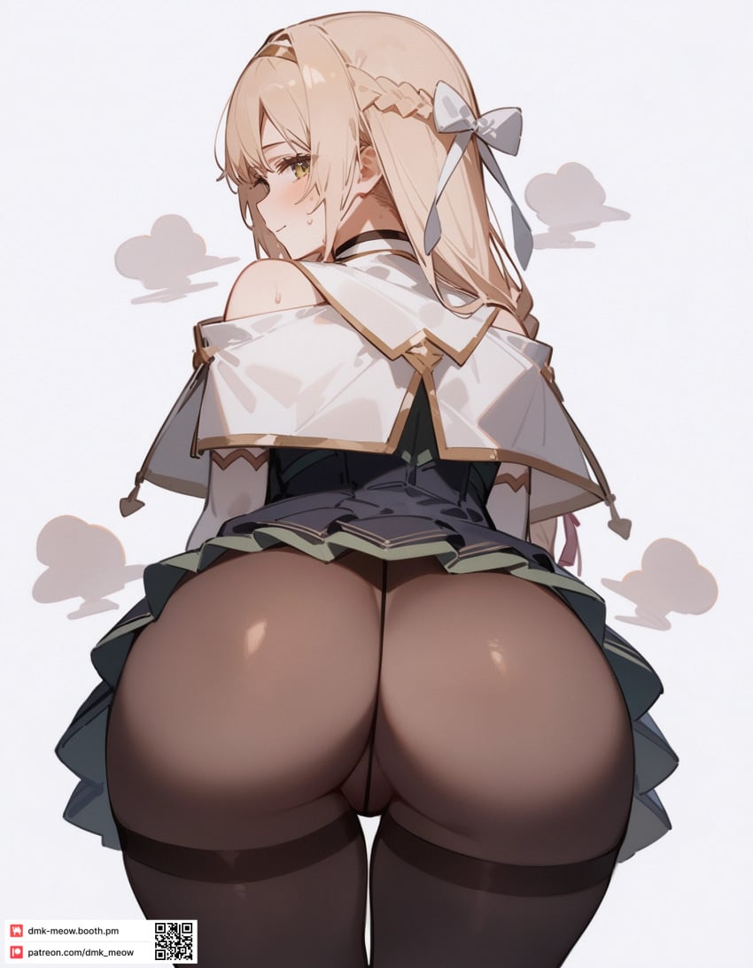 ai_generated ass ass_focus atelier_(series) atelier_ryza bare_shoulders black_pantyhose blonde_hair blush bow braid closed_mouth dmk_meow dress female french_braid from_behind green_eyes hairband hairbow klaudia_valentz long_hair looking_at_viewer looking_back panties panties_under_pantyhose pantyhose simple_background skirt solo sweat sweatdrop thighband_pantyhose thighs underwear white_background white_bow white_capelet yellow_eyes