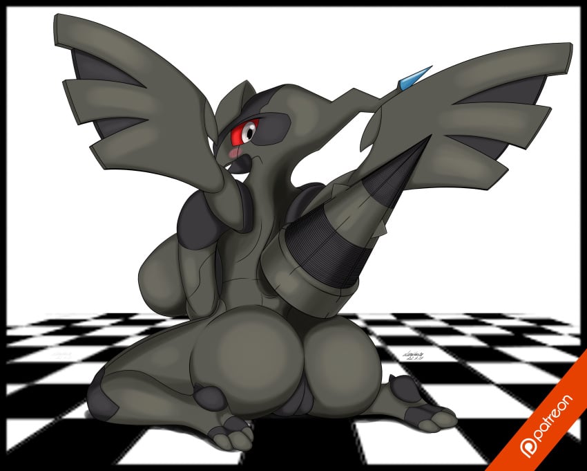 1girls 2018 3_toes artist_name ass back big_ass big_breasts black_border black_skin blush breasts crouching dated dragon feet female female_only grey_eyes legendary_pokémon looking_at_viewer looking_back lumihanta nintendo nude open_mouth patreon pokémon_(species) pokemon pokemon_bw pussy red_eyes red_sclera scalie sideboob sitting smile tail text toes video_games wariza watermark white_background wings zekrom