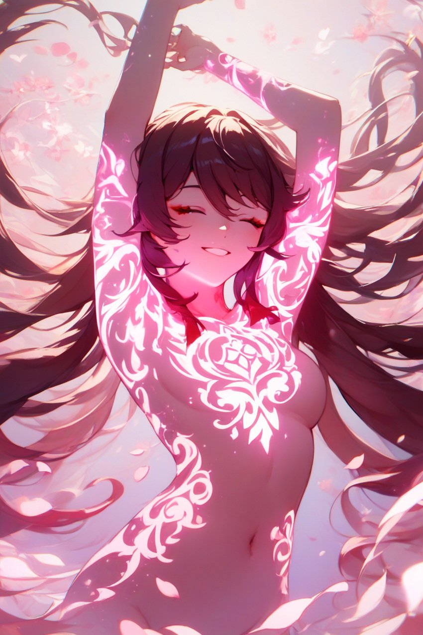 ai_generated arms_up closed_eyes ethereal female female_focus genshin_impact girl glowing hu_tao_(genshin_impact) naked original pastel_colors petals pose self_upload smile transformation transformation_sequence