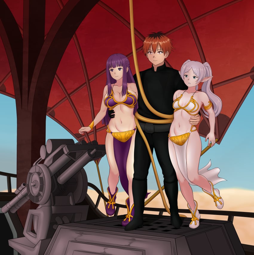 anime_style belly_dancer big_breasts boots crossover crossover_cosplay desert elf elf_ears elf_female elf_girl fern_(sousou_no_frieren) flustered_male frieren frieren_beyond_journey's_end half-dressed half_naked holding_waist jedi_padawan long_skirt luke_skywalker_(cosplay) nic0_robin69 purple_hair red_hair slave_bikini slave_leia_(cosplay) slave_outfit slavegirl star_wars stark_(sousou_no_frieren) tatooine twintails twintails white_hair