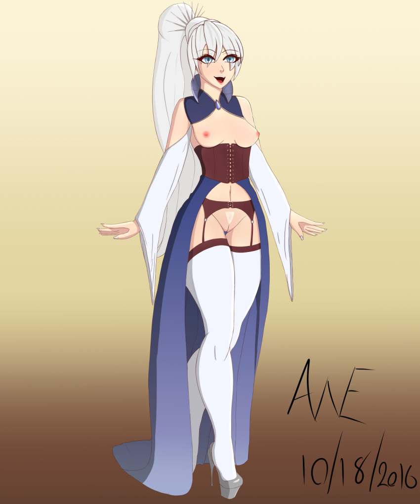 areolae awesome-est blue_eyes boots breasts heels high_heels nipples rwby stockings weiss_schnee white_hair