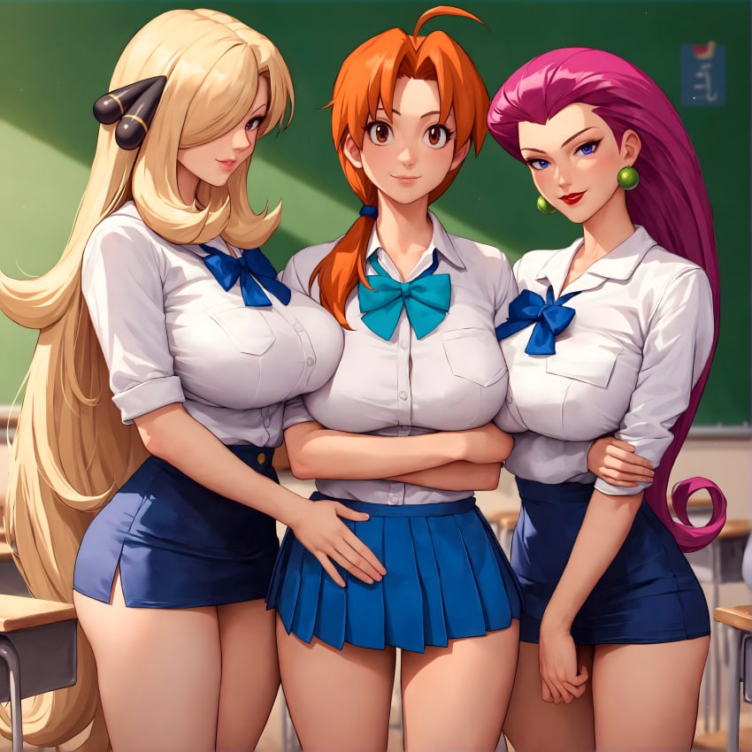 3girls ai_generated alex-schura big_breasts blonde_female bowtie butt cynthia_(pokemon) delia_ketchum_(pokemon) earrings jessie_(pokemon) long_hair_female looking_at_viewer mature_woman milf pokemon purple_hair redhead_female school_uniform schoolgirl schoolgirl_uniform short_skirt skirt