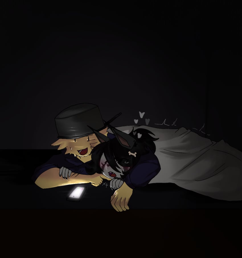 black_claws black_hair blanket_covering blush boy_on_top censored clothed_sex dark_room fucked_from_behind girl_on_bottom grey_fur hair_tuft hat held_down holding_arm lynx male/female nervous non-human on_bed original_character pinning_down pot_on_head roblox roblox_avatar robloxian squinting straight sweating tied_hair tufted_ears yellow_hair yellow_skin