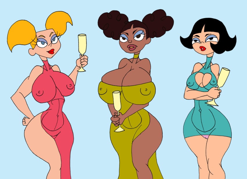 3girls aged_up arms_up asian bangs black_eyes black_hair blonde_hair blue_dress blue_eyes breast_hold brown_eyes brown_hair caglioro3666 cartoon_network cleavage cleavage_cutout crossed_arms curvy dark-skinned_female dark_skin dee_dee_(dexter's_laboratory) dexter's_laboratory dress drinking_glass erect_nipples eyelashes eyeshadow female female_only group hand_on_hip hands_on_hips hourglass_figure human large_breasts lee_lee lipstick looking_at_viewer makeup medium_breasts mee_mee minidress multiple_girls nipple_bulge older open_mouth panties pantyshot pantyshot_(standing) pink_dress pink_panties pose red_lipstick short_dress short_hair simple_background standing teenage thighhighs tied_hair twintails underwear wide_hips wine_glass yellow_dress yellow_hair yuri