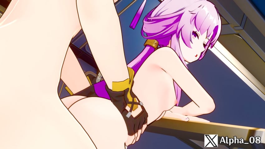 1boy 1girls alpha_08 ass caelus_(honkai:_star_rail) doggy_style fu_xuan_(honkai:_star_rail) gloves hands_on_hips honkai:_star_rail looking_back pink_hair sex sex_from_behind small_breasts straight_sex twintails unseen_male_face