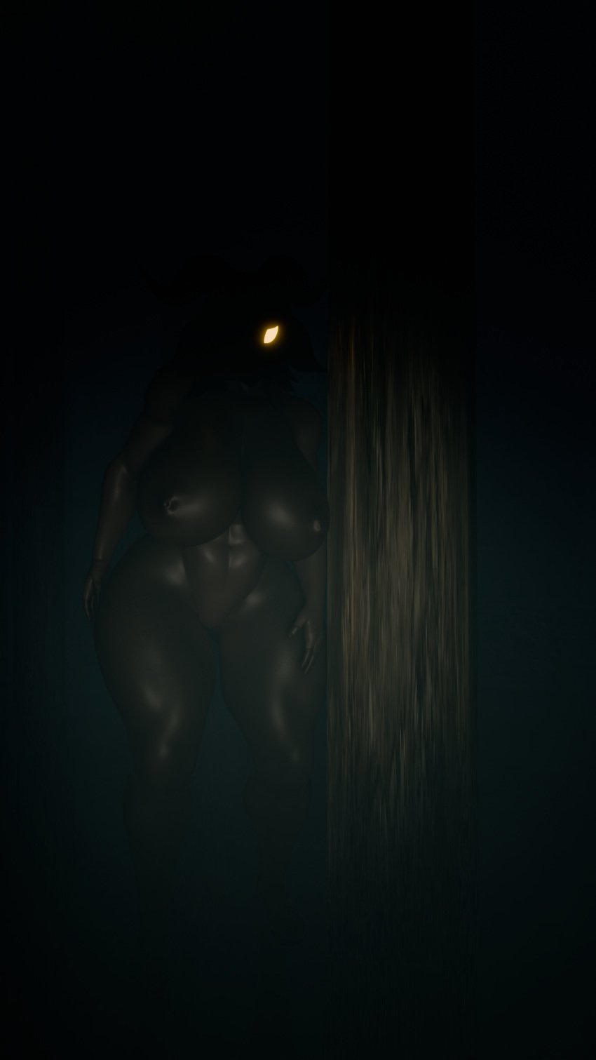 absurd_res anthro big_breasts black_body black_nipples bovid breasts caprine creepy female forest glowing glowing_eyes goat hi_res huge_breasts mammal monster night nipples nude pingersurprise plant shadow_face skeud solo tree wide_hips