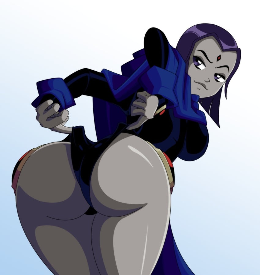 1girls ass belt breasts cloak clothing come_hither dc dc_comics female footwear forehead_jewel from_behind grey_skin huge_ass human large_breasts leaning leaning_forward leotard looking_at_viewer looking_back naughty_face offscreen_character outerwear pale_skin purple_eyes purple_hair rachel_roth raven_(dc) ravenravenraven shiny shiny_hair shiny_skin short_hair smile solo teen_titans wedgie white_background