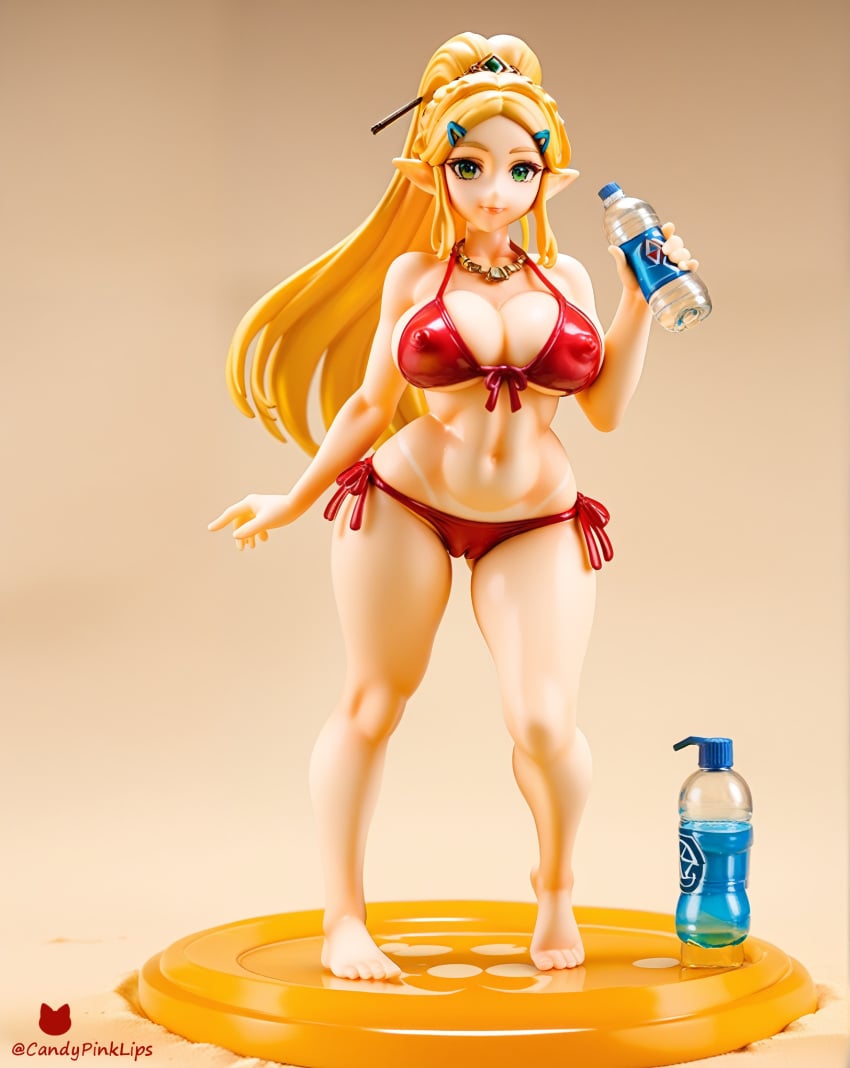 1girls 3d abs ai_generated bare_legs barefoot big_breasts blonde_hair cameltoe candypinklips elf_ears erect_nipples feet figure green_eyes large_breasts lips long_hair ponytail princess_zelda puffy_nipples red_bikini sand standing thick_ass thick_legs toes tongue tongue_out water_bottle zelda_(breath_of_the_wild)