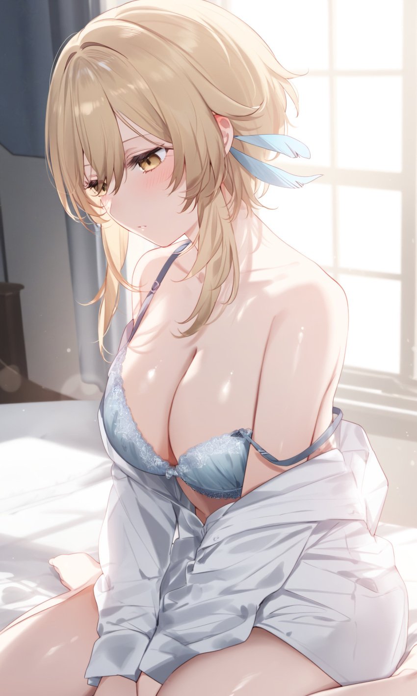 bed bedroom blonde_hair blush bra breasts busty cleavage genshin_impact large_breasts light-skinned_female light_skin lumine_(genshin_impact) morning on_bed pajamas seductive strap_slip window