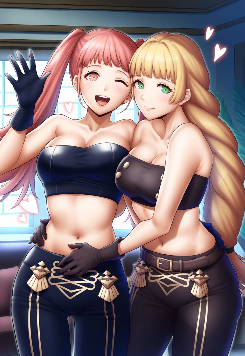 2girls ;d ai_generated bare_shoulders big_breasts black_gloves black_pants fire_emblem fire_emblem:_three_houses hand_on_another's_waist heart hilda_valentine_goneril ingrid_brandl_galatea leather lips midriff nai_diffusion nintendo smile stable_diffusion waving