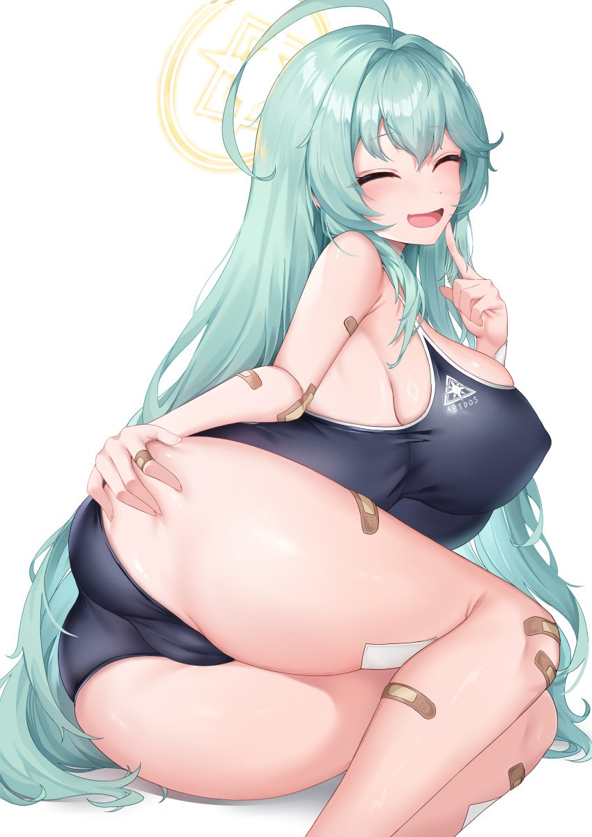 1girls ahoge aqua_hair ass bandaid bandaid_on_arm bandaid_on_leg bandaids_on_nipples blue_archive blue_one-piece_swimsuit breasts cameltoe cleft_of_venus closed_eyes deogho_(liujinzy9854) facing_viewer halo large_breasts legs long_hair lying on_side one_piece_swimsuit open_mouth pasties school_swimsuit simple_background smile solo swimsuit thighs very_long_hair white_background yellow_halo yume_(blue_archive)