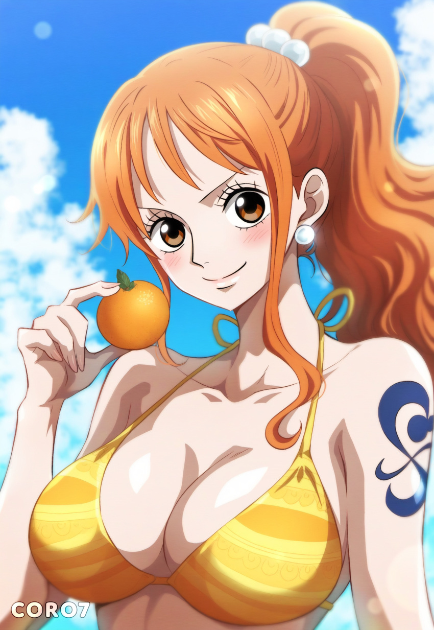 1girls ai_generated bikini_top close-up coro7 female female_only nami_(one_piece) one_piece orange_hair ponytail solo tangerine_(fruit)