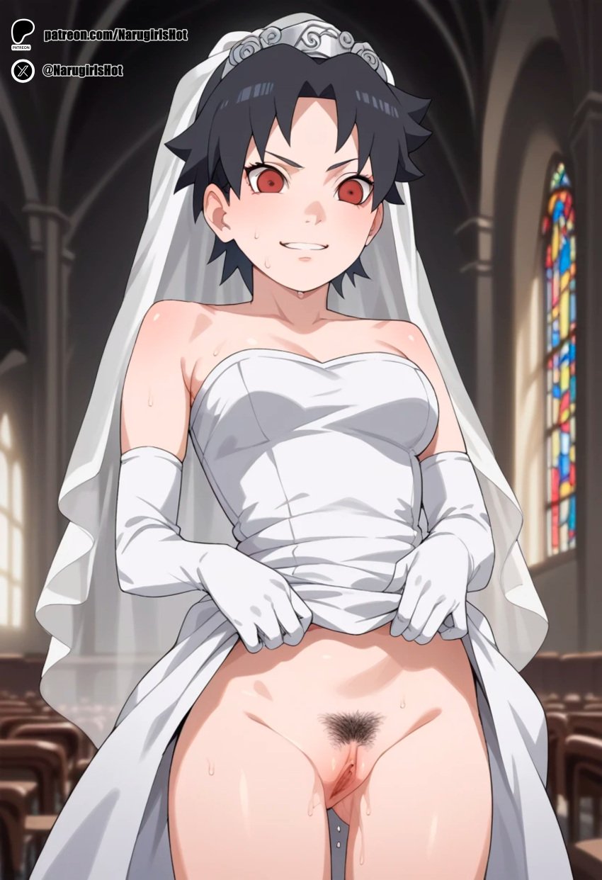 ai_generated black_hair boruto:_naruto_next_generations dress medium_breasts narugirlshot naruto naruto_(series) pubic_hair pussy_juice red_eyes sarutobi_mirai short_hair thin_waist wedding_dress