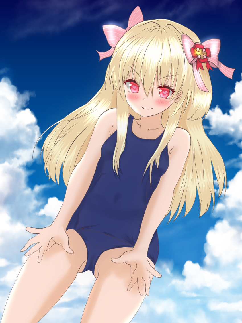 blonde_hair chaos_marie_(grimms_notes) female grimms_notes haion_runa hair_ribbon highres long_hair old_school_swimsuit pink_eyes ribbon school_swimsuit solo swimsuit