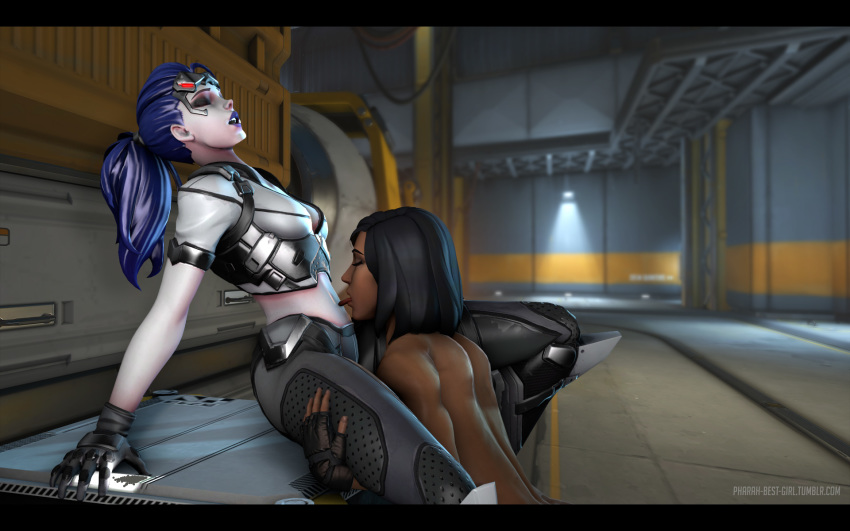 16:10 3d alternate_costume ass black_eyes black_hair closed_eyes clothed_female_nude_female dark-skinned_female dark_skin highres huge_ass licking midriff muscles muscular_female navel navel_licking overwatch pharah pharah-best-girl ponytail source_filmmaker talon_widowmaker widowmaker yuri