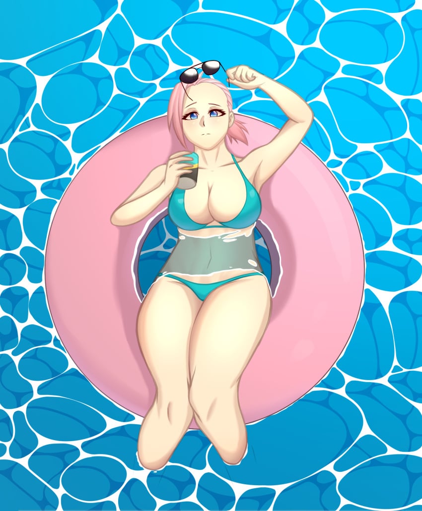 better_with_salt big_breasts bikini chloe_(better_with_salt) daydada large_breasts pink_hair pool soda summer