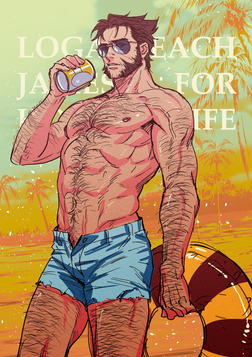 1boy arm_hair beach blue_shorts brown_hair can chest_hair denim denim_shorts english_text facial_hair gay hairy hand_hair holding holding_can innertube james_howlett large_pectorals leg_hair logan_(x-men) looking_at_viewer male male_focus male_only marvel muscular_male navel navel_hair nipples open_fly outdoors palm_tree parted_lips pectorals short_hair shorts solo stomach swim_ring t00_far thighs topless_male tree veins veiny_arms wolverine_(x-men) x-men