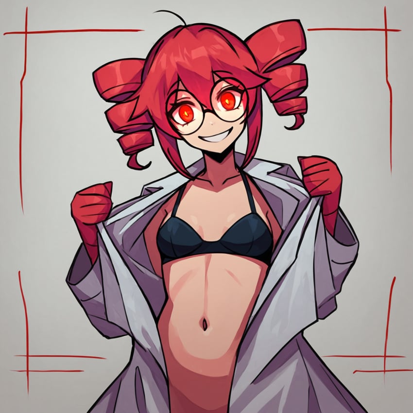 ai_generated almost_visible_genetalia black_bra bottomless bra drill_hair flashing flat_chest ghost_and_pals glasses highres kasane_teto lab_coat light_skin mv_character navel open_coat osmondai pathological_facade red_eyes red_gloves red_hair sadistic_smile short_hair simple_background smile stable_diffusion stick_yo_dick_in_crazy synthesizer_v twintails utau vocaloid yandere