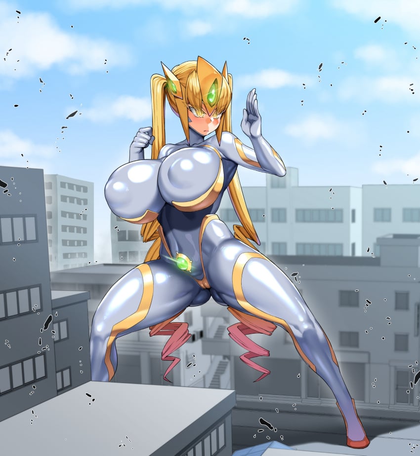 1girls big_breasts blonde_hair blush bodysuit breasts busty city combat_suit cuevy era_(erasion) erect_nipples_under_clothes female female_only fighting_stance giant_woman giantess headgear huge_breasts large_breasts long_hair nipple_bulge nipples_visible_through_clothing original original_character outdoors partially_visible_vulva skin_tight skindentation sky smh1069 solo standing thick_thighs tied_hair toned toned_female twin_drills twintails