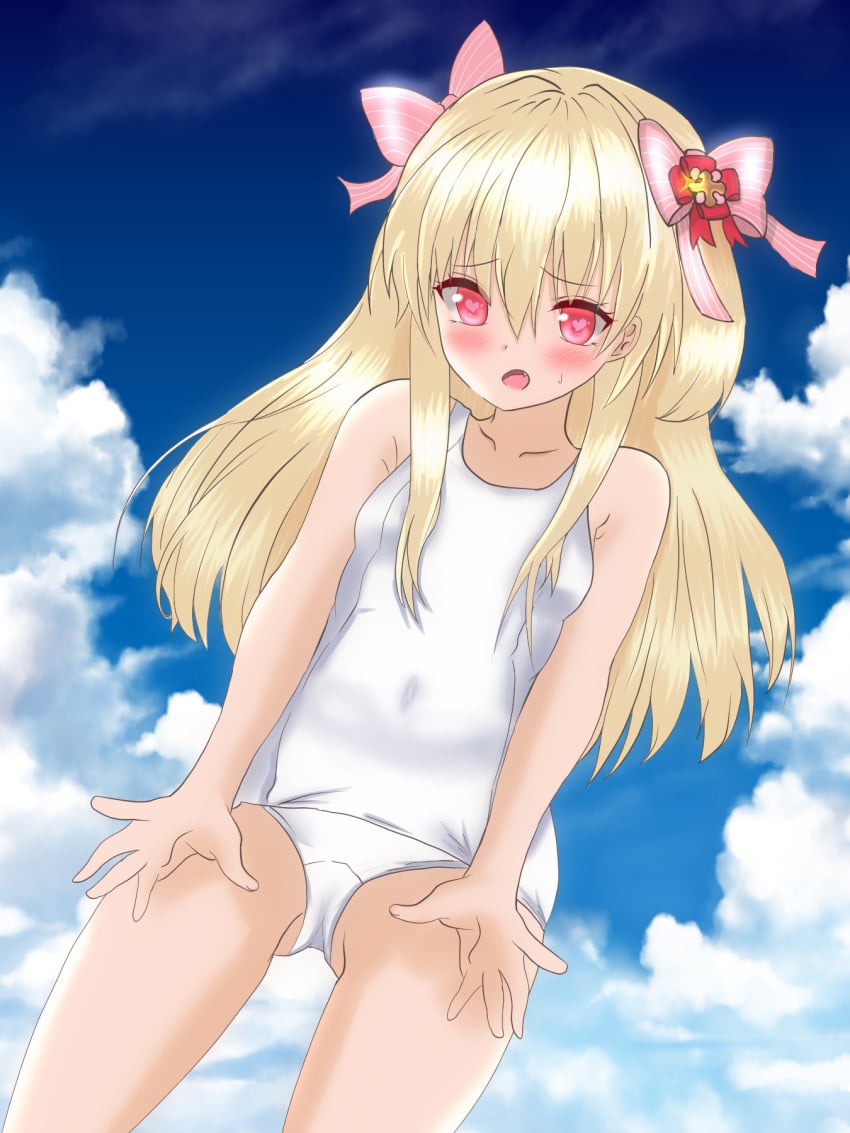 alternate_costume blonde_hair chaos_marie_(grimms_notes) female grimms_notes haion_runa hair_ribbon highres long_hair pink_eyes ribbon school_swimsuit solo swimsuit