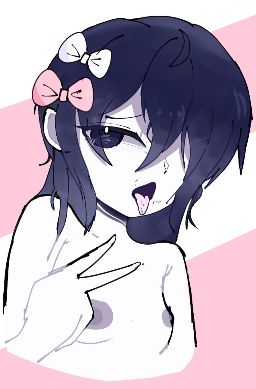 black_eyes black_hair bow cute pale-skinned_female pale_skin peace_sign pubic_hair pubic_hair_in_mouth tongue_out unusual_pupils white_skin