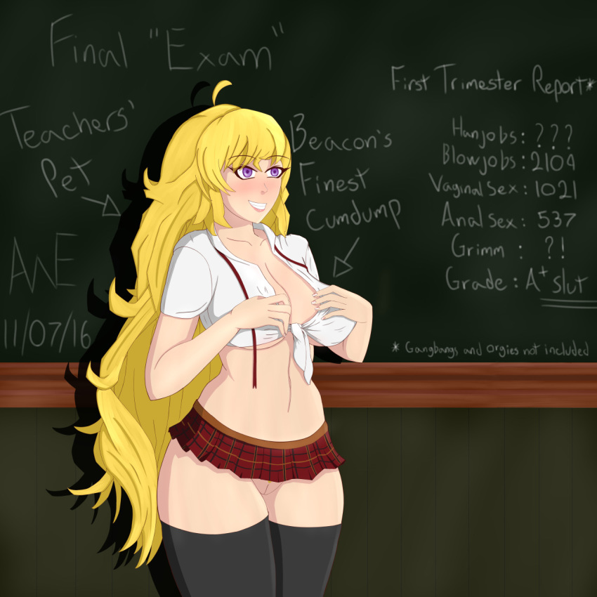 awesome-est blonde_hair breasts cleavage purple_eyes rwby school_girl skirt smile vagina yang_xiao_long