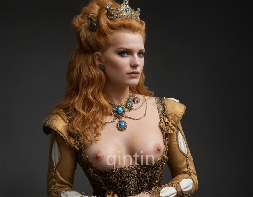 ai_generated anna_henrietta blonde_hair breasts crown dress earrings female light-skinned_female looking_at_viewer nipples qintin solo the_witcher_(series) the_witcher_3:_wild_hunt