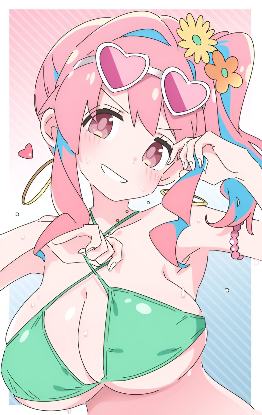 armpits bare_arms bare_shoulders bikini blush breasts cleavage collarbone earrings flower_in_hair green_bikini hozuki_kaede huge_breasts ixy long_hair onii-chan_wa_oshimai! parted_lips pink_eyes pink_hair side_ponytail sideboob smile sunglasses_on_head underboob upper_body wet_body