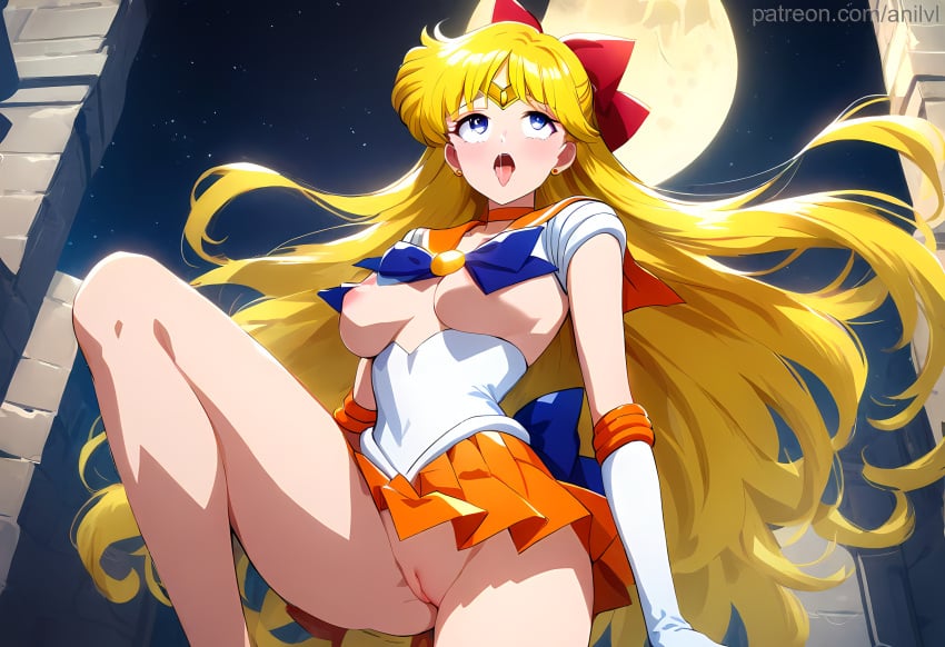 1girls ahe_gao ai_generated anilvl back_bow bangs bishoujo_senshi_sailor_moon blonde_hair blue_bow blue_bowtie blue_eyes blush bow bowtie breastless_clothes breasts breasts_apart breasts_out brooch choker circlet cleft_of_venus covered_navel earrings elbow_gloves from_below full_moon gloves hairbow heart jewelry knee_up large_breasts leg_up leotard long_hair looking_up magical_girl medium_breasts miniskirt moon night night_sky nipples no_bra no_panties open_mouth orange_choker orange_sailor_collar orange_skirt outdoors pleated_skirt pussy red_bow rolling_eyes sailor_collar sailor_senshi_uniform sailor_venus saliva shiny skirt sky solo star_(sky) star_(symbol) starry_sky thighs tiara tongue tongue_out uncensored upper_teeth_only upskirt very_long_hair white_gloves white_leotard