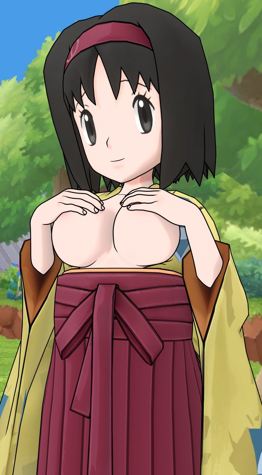 1girls black_eyes black_hair breasts breasts erika_(pokemon) female hands_covering_nipples hands_on_breasts looking_at_viewer partially_clothed pokemon pokemon_frlg pokemon_rgby saucemon7 self_upload semi-clothed solo solo_female solo_focus