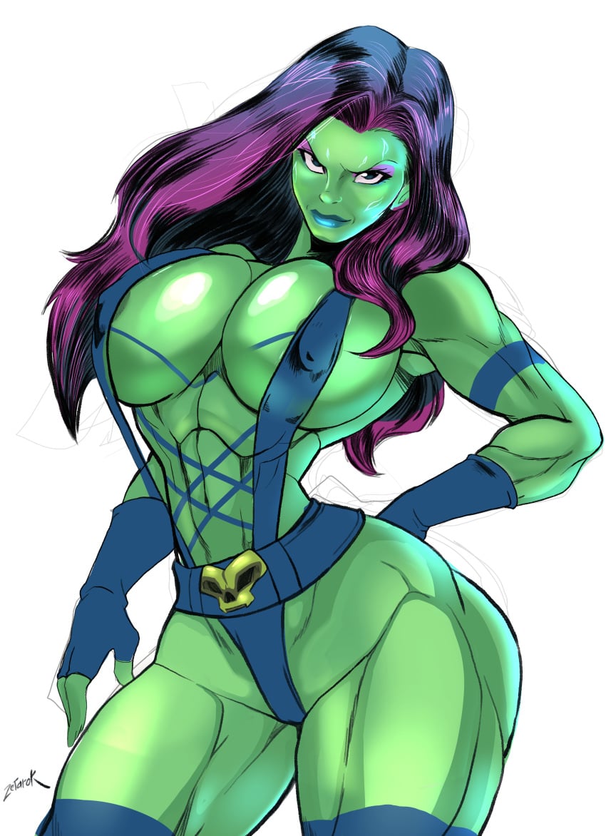 2d alien alien_girl alien_look_like_human areolae_slip blue_lipstick breasts eyeshadow female gamora green-skinned_female green_skin guardians_of_the_galaxy huge_breasts marvel muscle muscular_female purple_hair zetarok