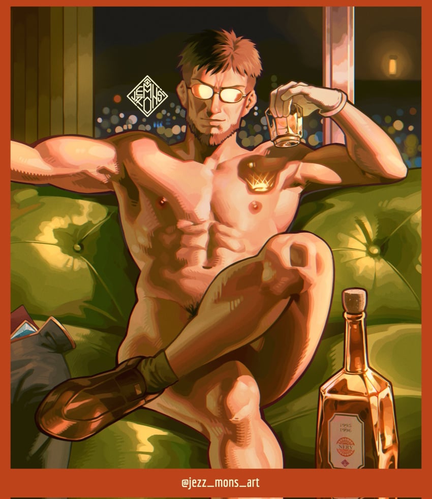 1boy abs armpits artist_name bara biceps facial_hair gendo_ikari glasses jezz_mons_nsfw male male_focus male_only muscular muscular_arms muscular_chest muscular_male naked naked_male neon_genesis_evangelion nipples nude nude_male pecs pectorals shoes solo solo_male thighs