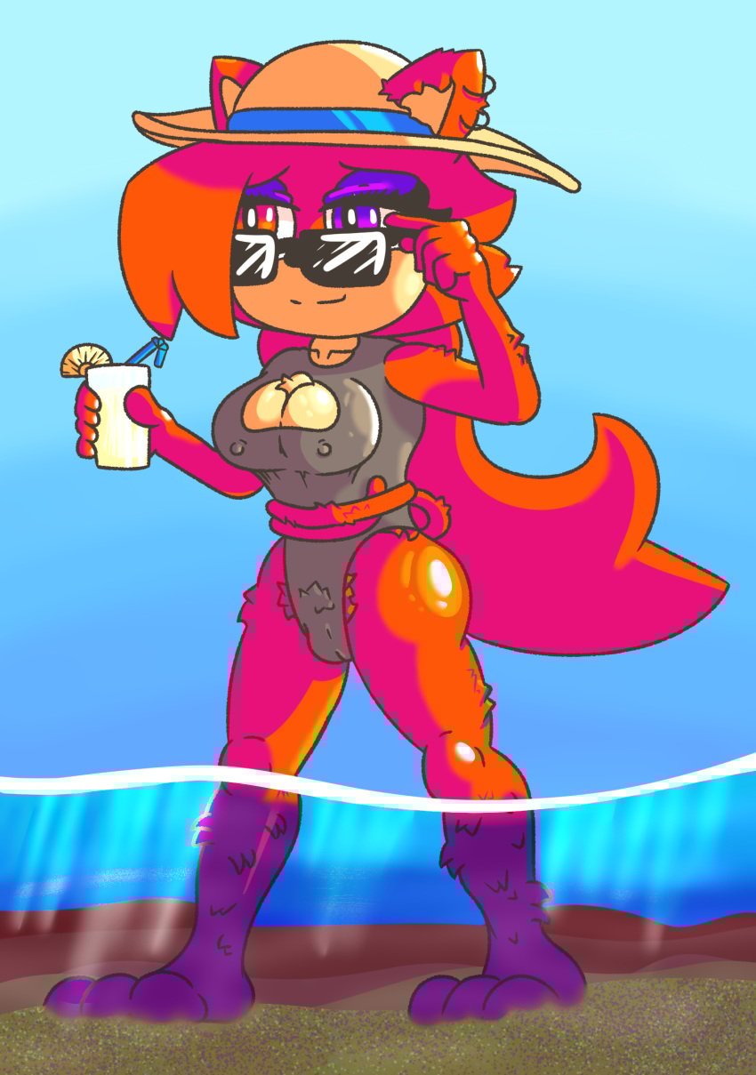 asami_the_cat breasts clothing digital_media_(artwork) eyewear fan_character feet felid feline female fur glasses hair hat headgear headwear hi_res humanoid long_hair mammal piercing red_body red_eyes red_fur red_hair redeye_samurai_(artist) sega simple_background solo sonic_the_hedgehog_(series)