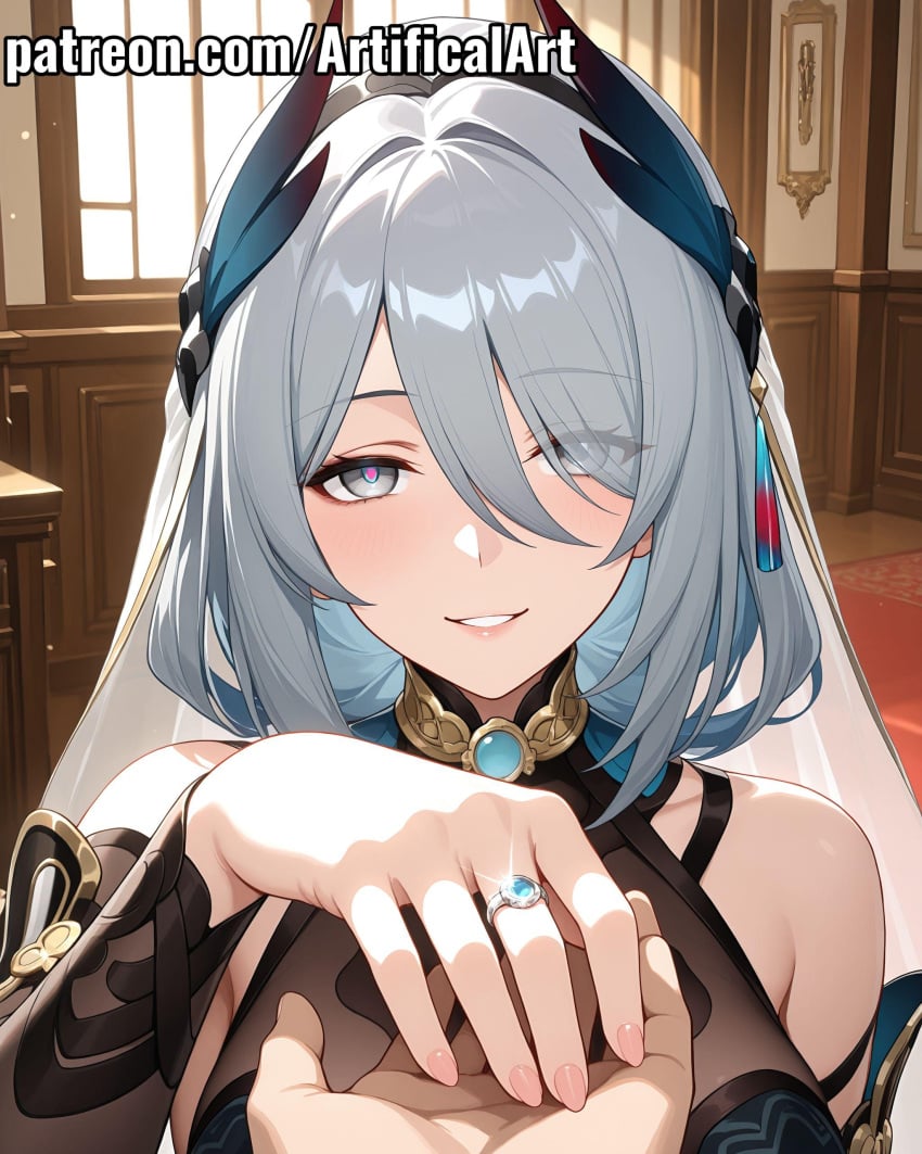 1girls ai_generated artifical_art big_breasts bride chinese_clothes grey_eyes grey_hair hair_ornament hanya_(honkai:_star_rail) honkai:_star_rail honkai_(series) hoyoverse long_hair mihoyo pale-skinned_female pale_skin perfect_body tiara