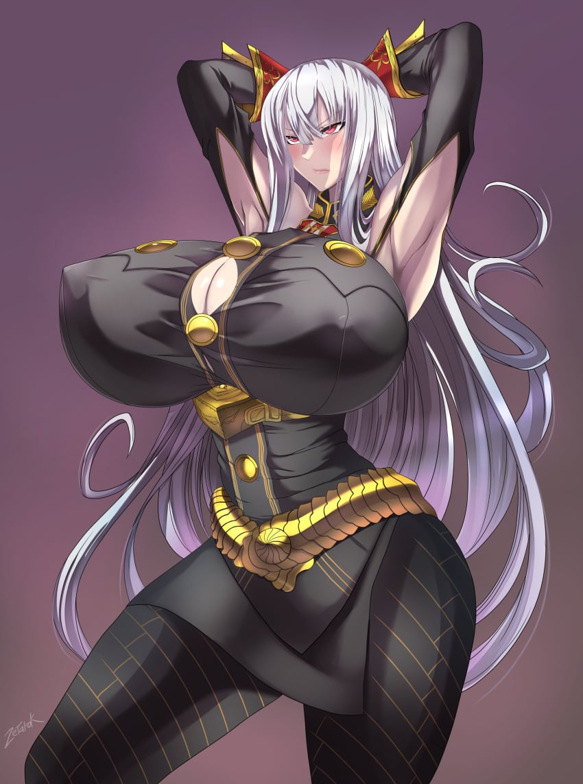 armpits blush breasts clothing elbow_gloves erect_nipples erect_nipples_under_clothes female female_only huge_breasts large_breasts long_hair military_uniform puffy_nipples red_eyes selvaria_bles silver_hair tight_clothing valkyria_chronicles zetarok