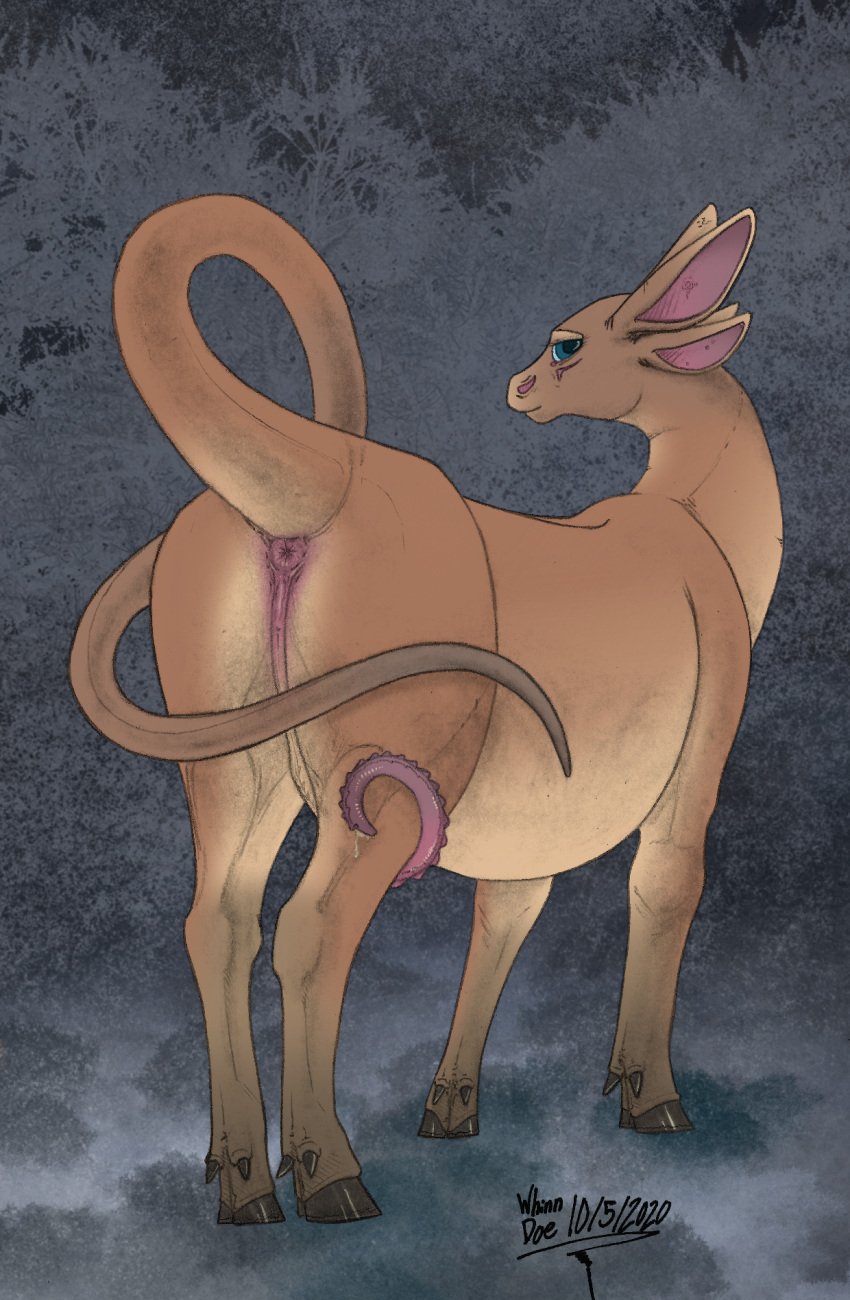 4_ears anus ass bedroom_eyes blue_eyes bodily_fluids bovid bovine brown_body brown_fur cattle dripping erection feral fur genital_fluids genitals hi_res hooves hybrid long_tail looking_at_viewer male mammal multi_ear narrowed_eyes penis perineum pink_anus precum precum_drip prehensile_penis presenting presenting_anus puffy_anus seductive solo tail whinn_doe whinndoe_(artist)