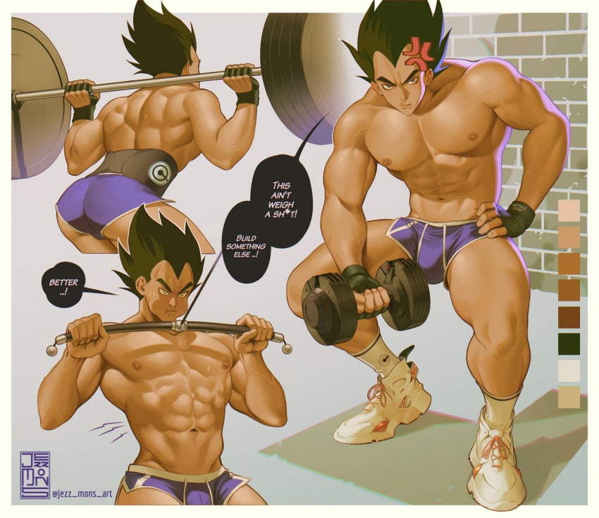 1boy abs artist_name ass bara bulge dolphin_shorts dragon_ball jezz_mons_nsfw male male_focus male_only muscular muscular_arms muscular_chest muscular_male nipples pecs pectorals shirtless shoes shorts solo solo_male squatting thighs topless topless_male vegeta workout
