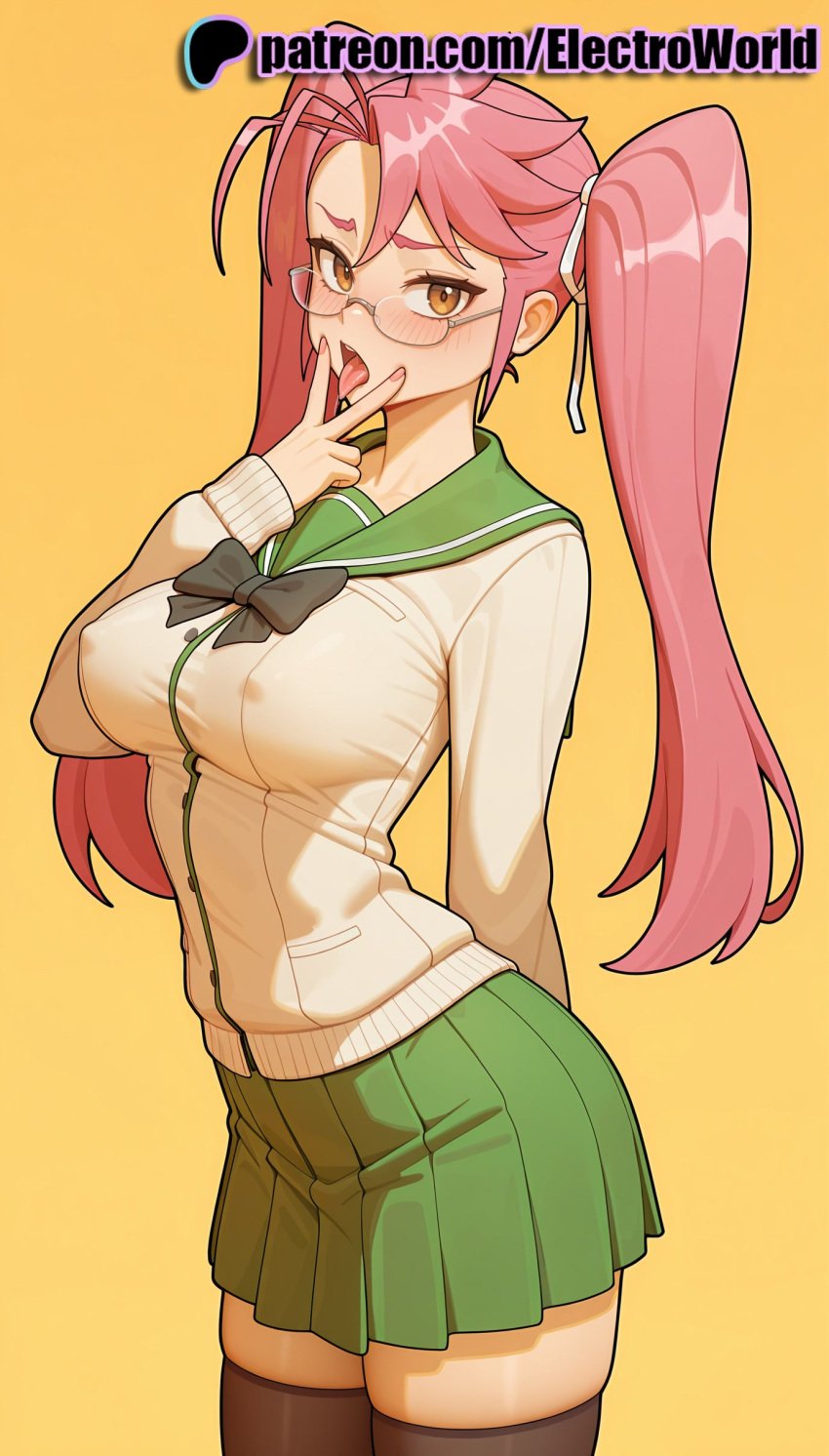 1girls 2025 ai_generated artist_name blush breasts breasts breasts bust chest covered_nipples electroworld female glasses gradient gradient_background green_skirt hi_res high_quality high_resolution highres highschool_of_the_dead long_hair mole open_mouth patreon patreon_username pink_hair pleated_skirt saya_takagi school_uniform see-through serafuku skirt solo stable_diffusion thighhighs twintails watermark yellow_background