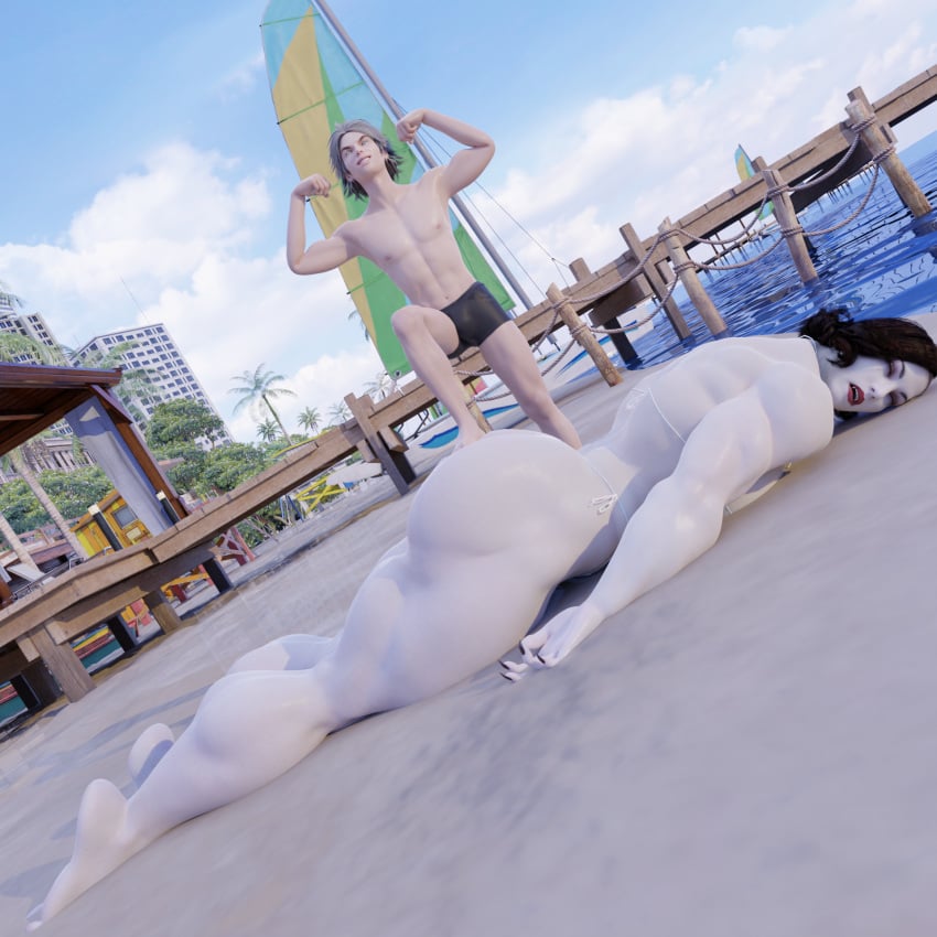 1boy 1girls alcina_dimitrescu beach bikini black_nails buff capcom defeat defeated face_down faint fainted knocked_out lying lying_down lying_on_stomach muscles muscular muscular_female on_front on_stomach resident_evil showing_off stepping_on_female swimsuit tagme unconscious unconscious_female victory white_body white_skin xemnasxd