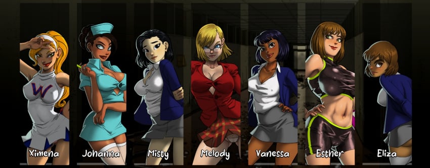 big_ass big_breasts cheerleader dark-skinned_female dark_skin eliza_lopez english_teacher escape_from_zombie_u esther_fernandez female female_protagonist glasses human johanna_lynne looking_at_viewer mayorto melody_farrington misty_karansa nurse nurse_cap p.e._teacher school_nurse student teacher teacher_and_student thick_thighs vanessa_eagler video_games ximena_gonzalo