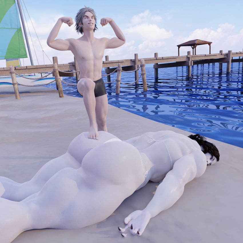 1boy 1girls alcina_dimitrescu beach bikini black_nails buff capcom defeat defeated different_angle face_down faint fainted knocked_out lying lying_down lying_on_stomach muscles muscular muscular_female on_front on_stomach resident_evil showing_off stepping_on_female swimsuit tagme unconscious unconscious_female victory white_body white_skin xemnasxd