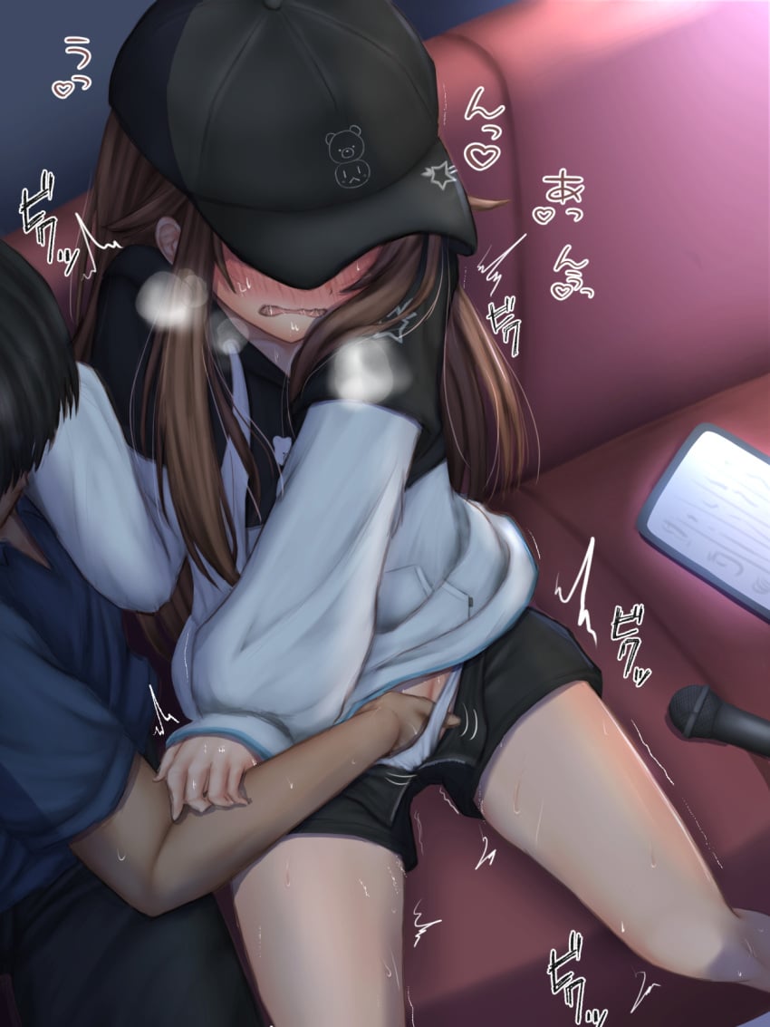 blush brown_hair cap clenched_teeth dark-skinned_male fingering hololive hololive_gen_0 hololive_japan hoodie japanese_text laft_h microphone shorts tokino_sora tokino_sora_(6th_costume) virtual_youtuber