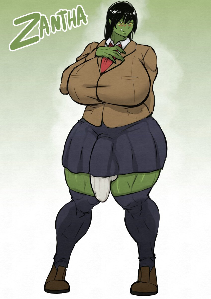 blush blush blushing_at_viewer breasts_bigger_than_head bulge_through_clothing dittochad gigantic_breasts looking_at_viewer orc orc_futa thick_thighs