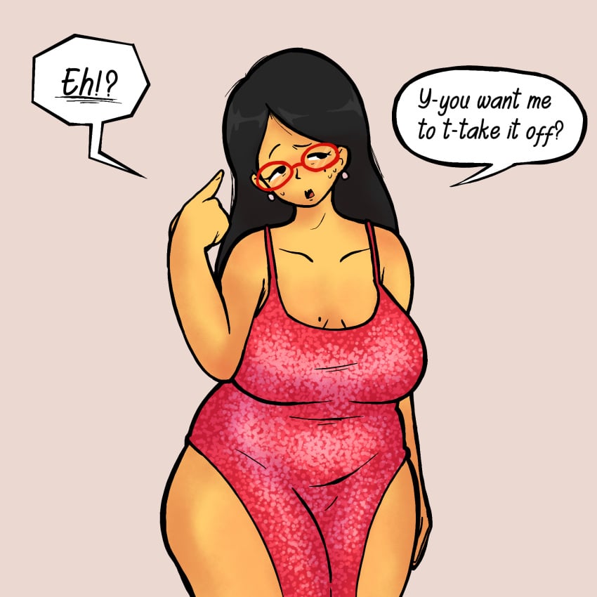 aisha_(gazoogaloo) bbw bbw_mom beauty_mark chubby diddlesdoodles glasses mii milf mother nervous nervous_smile nervous_sweat nintendo oc original_character red_dress shy