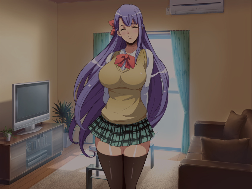 chiro_(youkai_tamanokoshi) daughter hair_ribbon large_breasts miniskirt nozokibeya purple_hair school_uniform schoolgirl